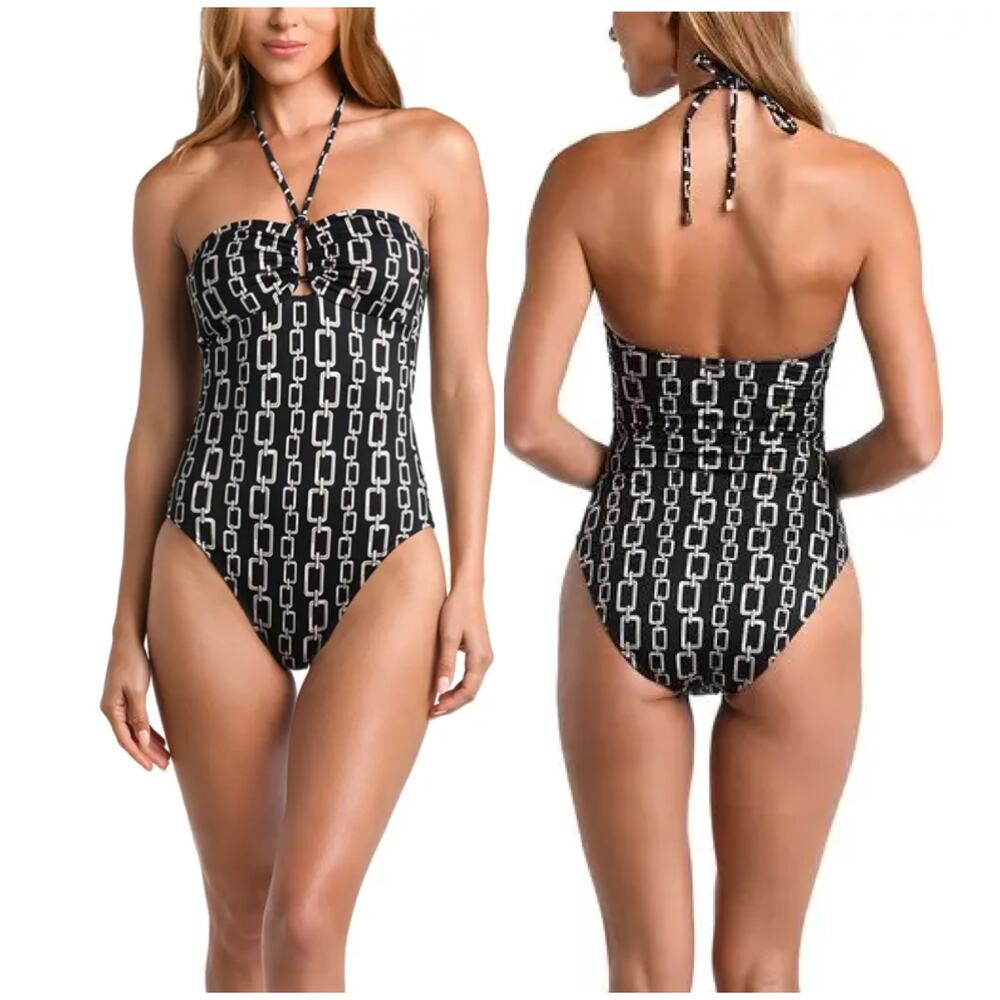 L'Agence NWT Emila Geo Halter Bandeau One Piece Swimsuit Size M Chain Link
